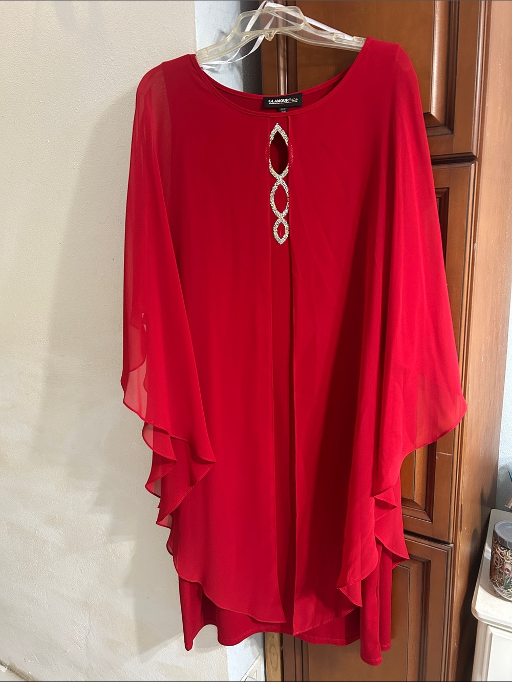 Glamour Red Chiffon Cape-Sleeve Tunic with Rhinestone Keyhole